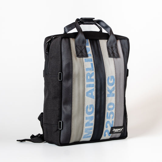 Arrive Backpack In White/Blue Cargo & Other Belts With Black Canvas