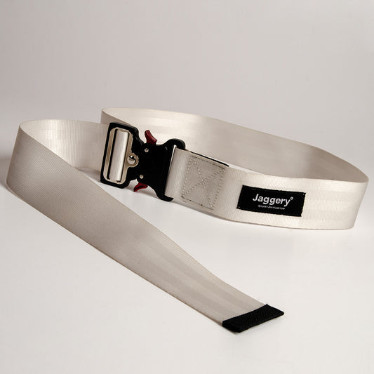 Upcycled Belt In White Car Seatbelt With Black Cobra Buckle 2"