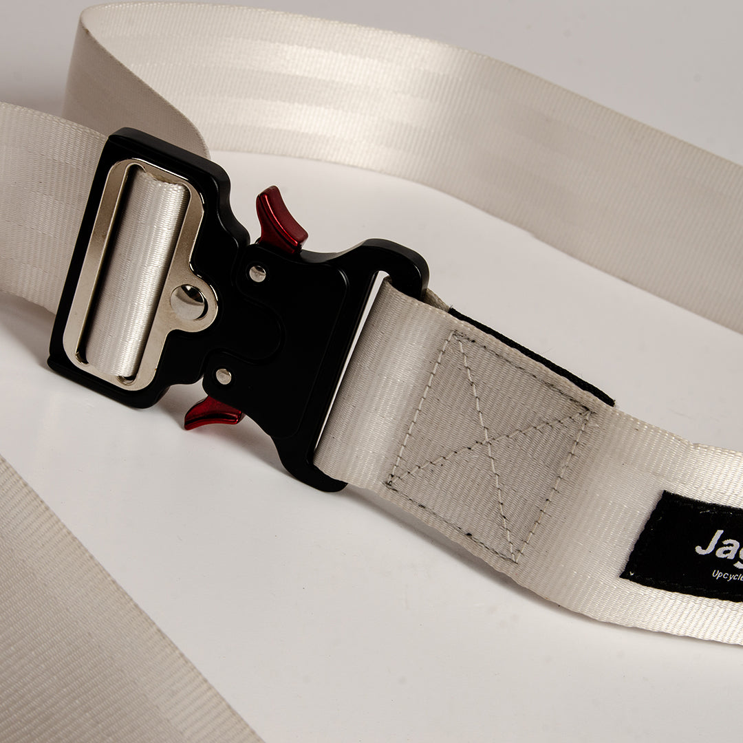 Upcycled Belt In White Car Seatbelt With Black Cobra Buckle 2"