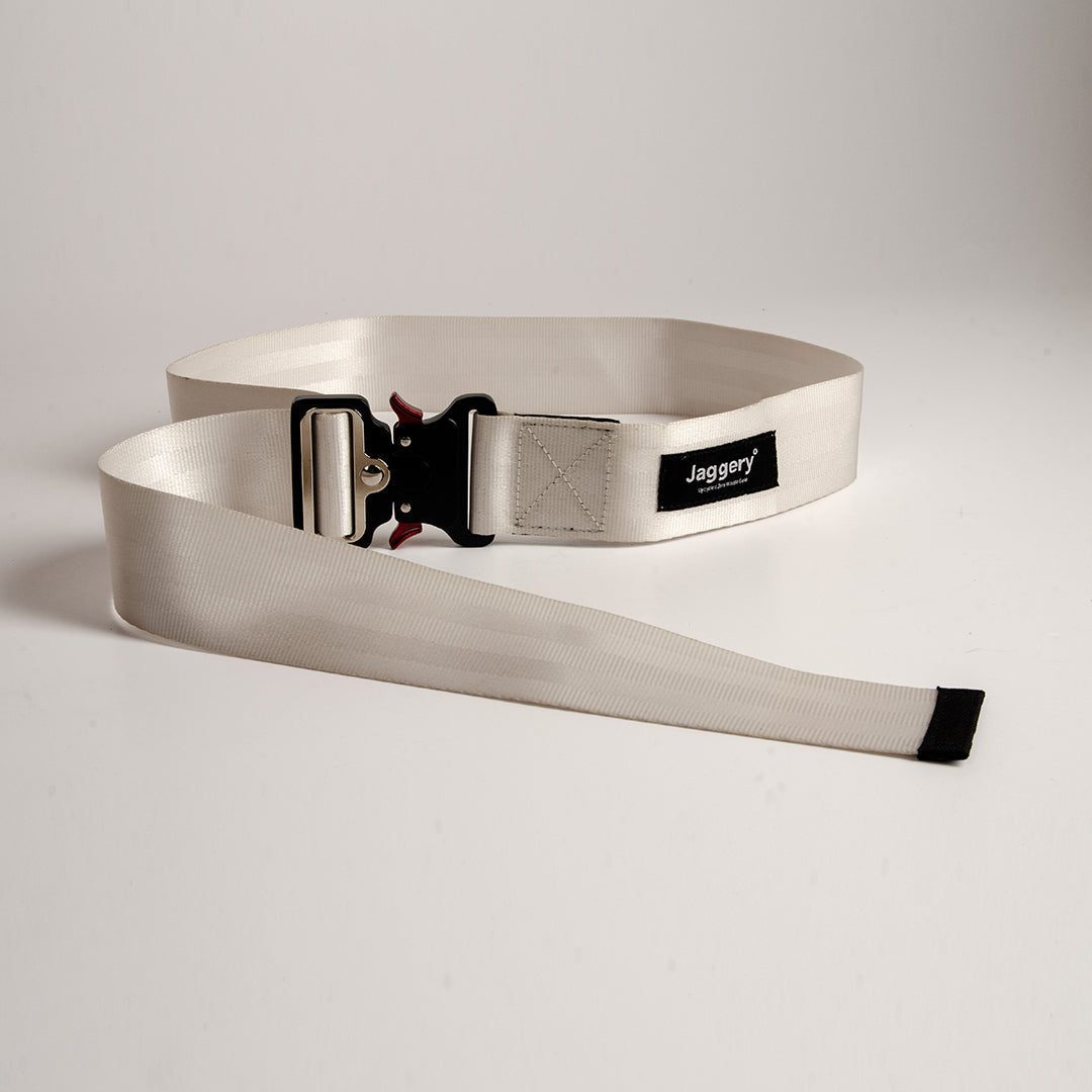 Upcycled Belt In White Car Seatbelt With Black Cobra Buckle 2"