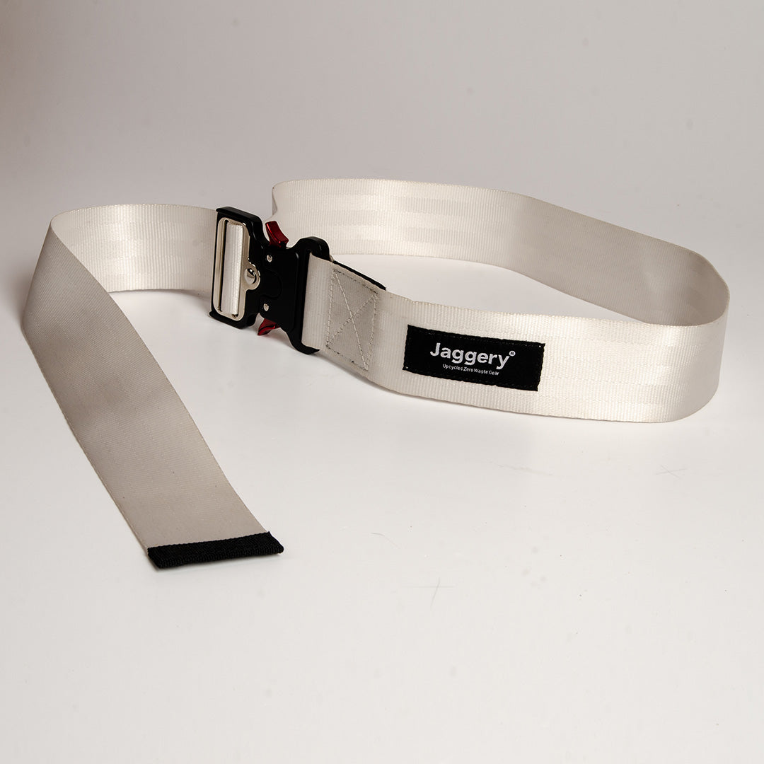 Upcycled Belt In White Car Seatbelt With Black Cobra Buckle 2"