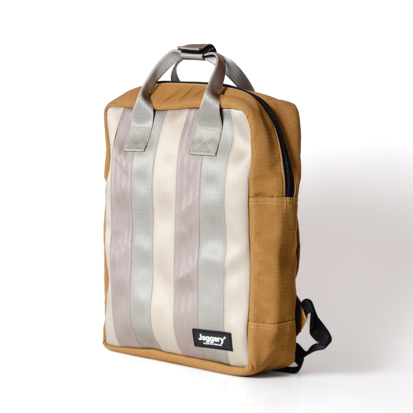 Arrive Backpack In Beige Car Seat Belts And Khaki Canvas