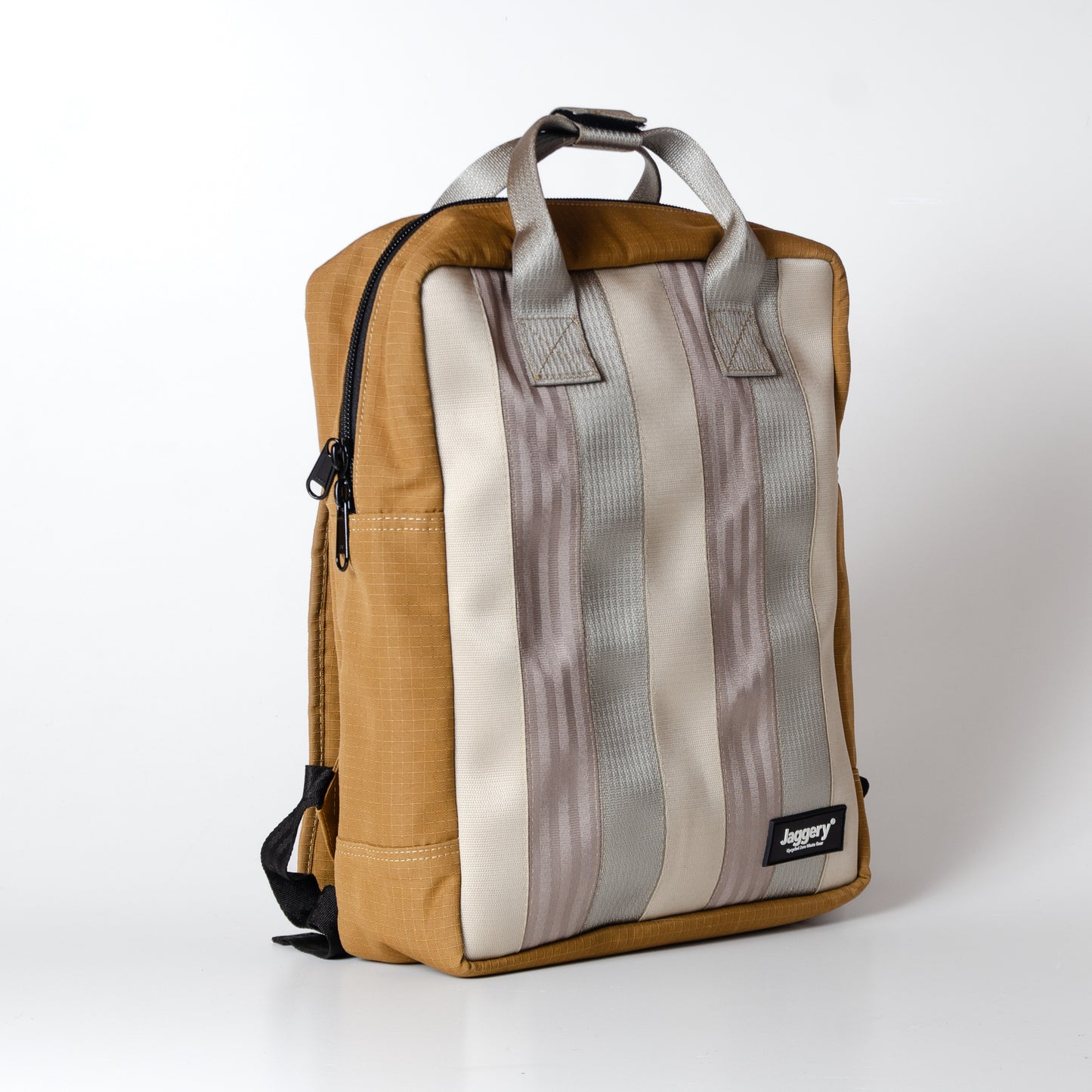 Arrive Backpack In Beige Car Seat Belts And Khaki Canvas
