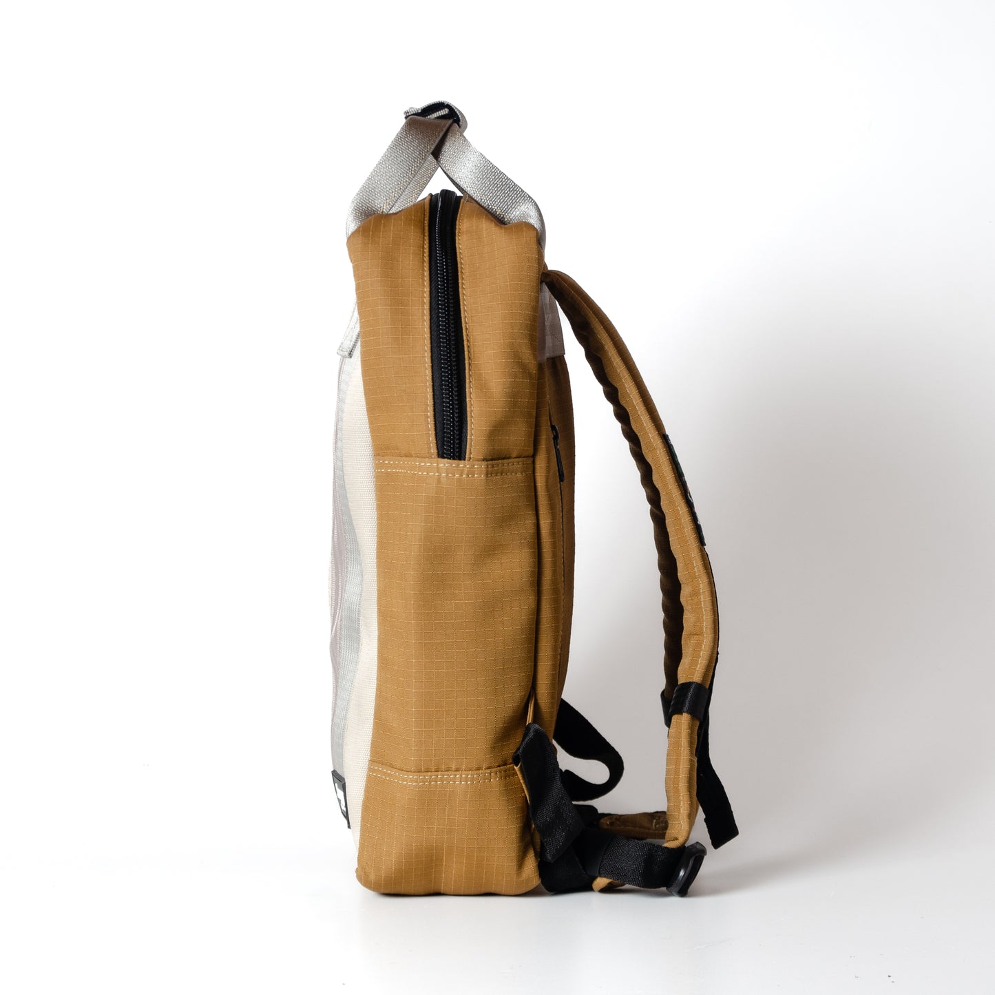 Arrive Backpack In Beige Car Seat Belts And Khaki Canvas