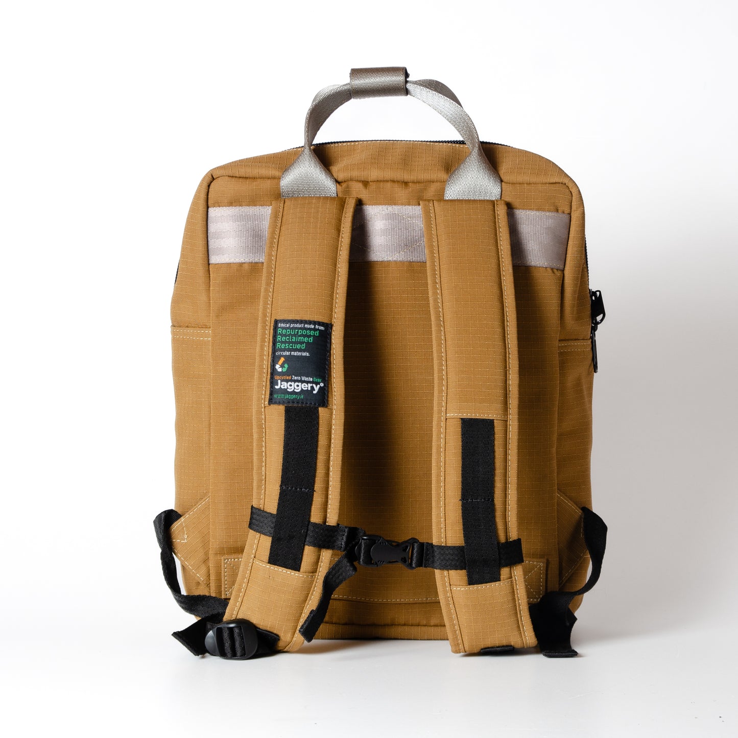 Arrive Backpack In Beige Car Seat Belts And Khaki Canvas