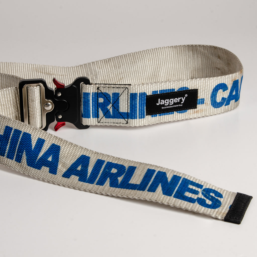 Upcycled Belt In White China Cargo Straps With Black Cobra Buckle 2"