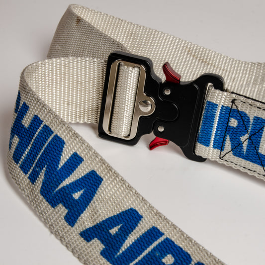 Upcycled Belt In White China Cargo Straps With Black Cobra Buckle 2"