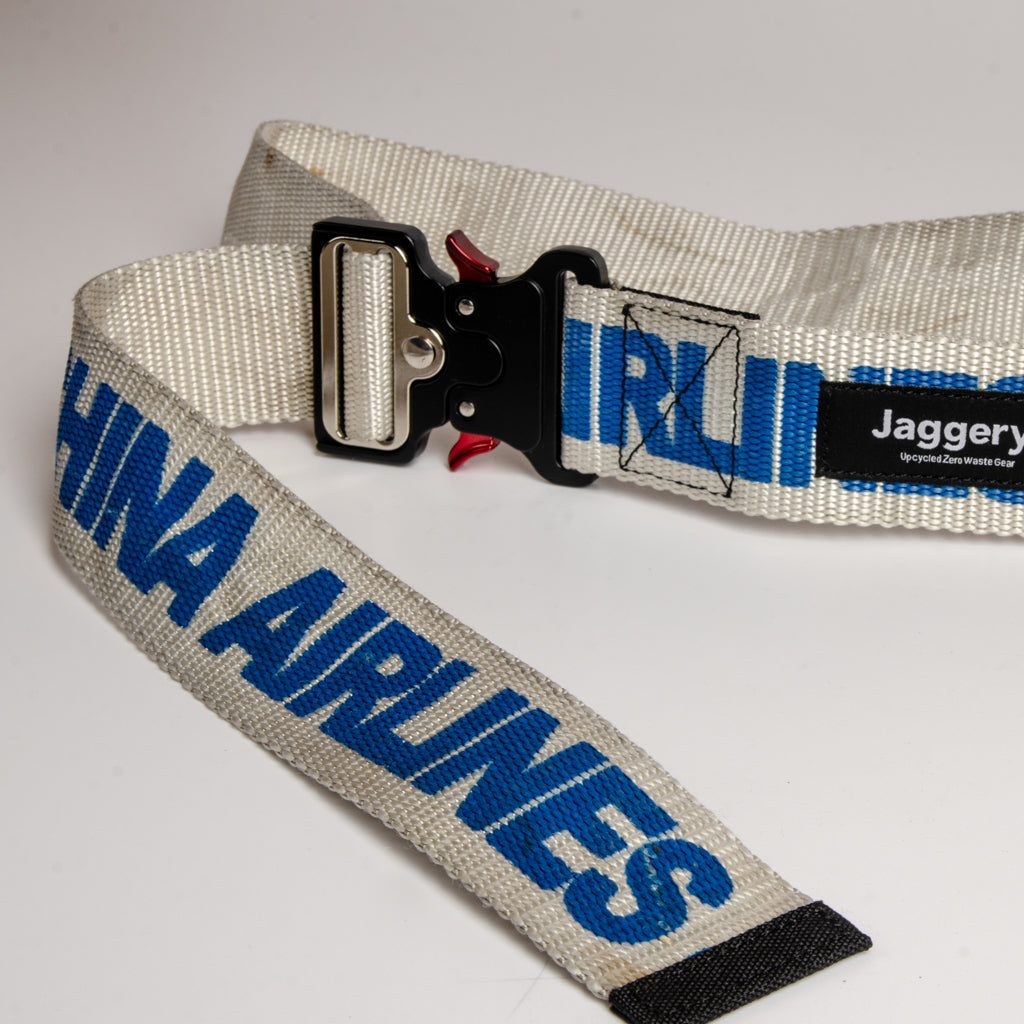 Upcycled Belt In White China Cargo Straps With Black Cobra Buckle 2"