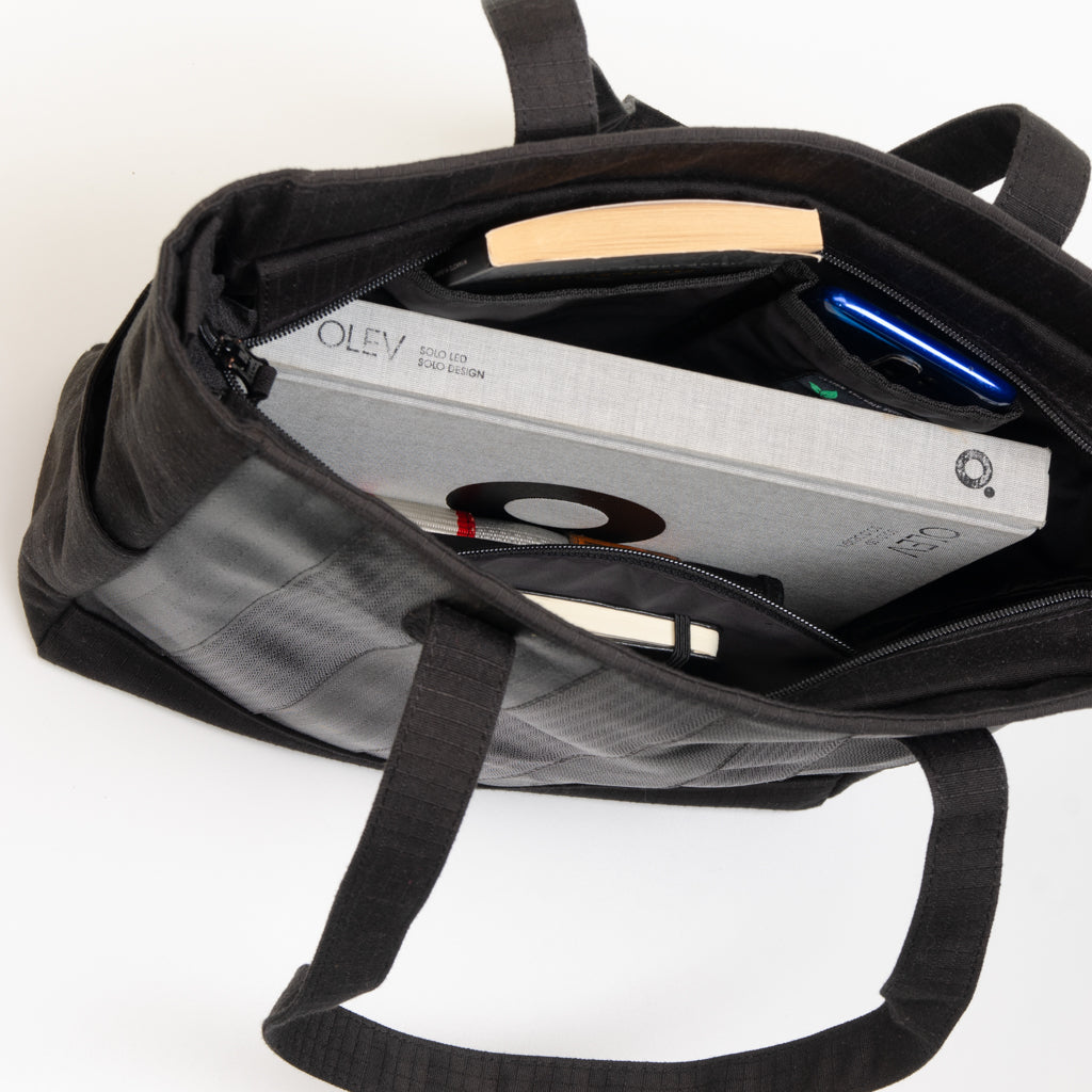 Marlini Tote In All Black Seat Belts & Black Canvas