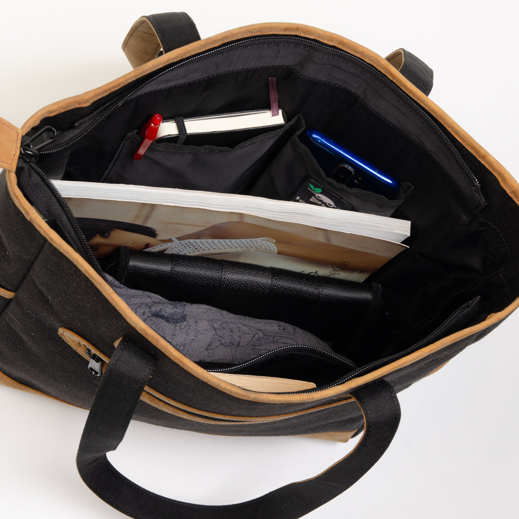 Marlini Tote In Black Canvas & Salvaged Leather