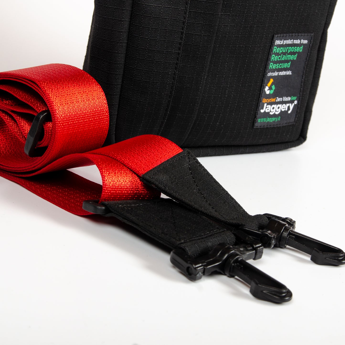 Tactical Sling Bag In Black Canvas & Red Cargo Belts (Vertical)