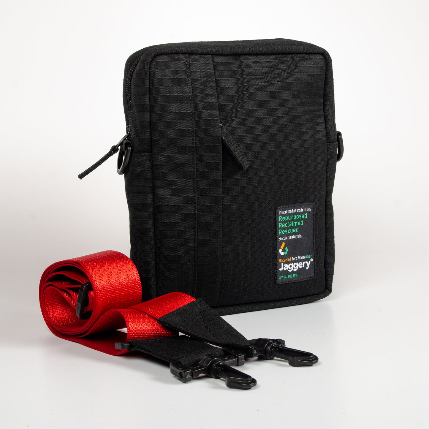 Tactical Sling Bag In Black Canvas & Red Cargo Belts (Vertical)