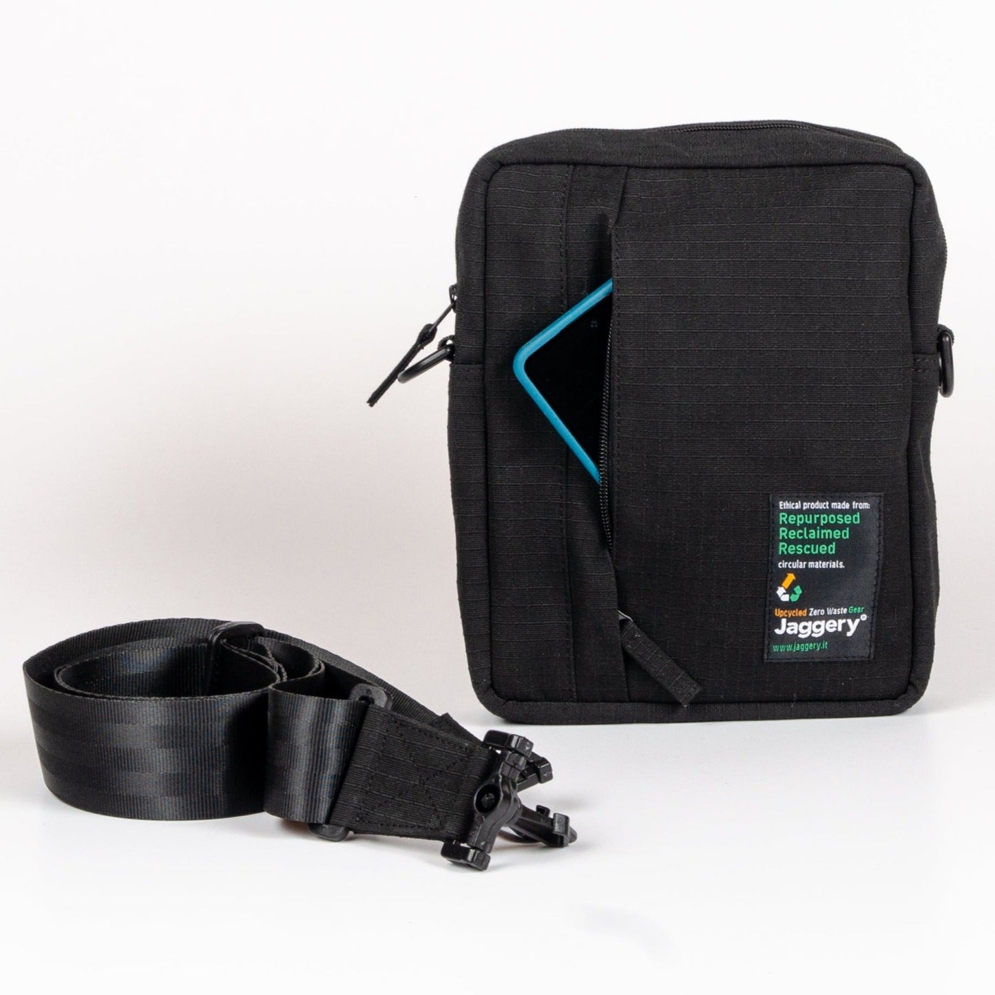 Tactical Sling Bag In Black Canvas & Black Seat Belts (Vertical)