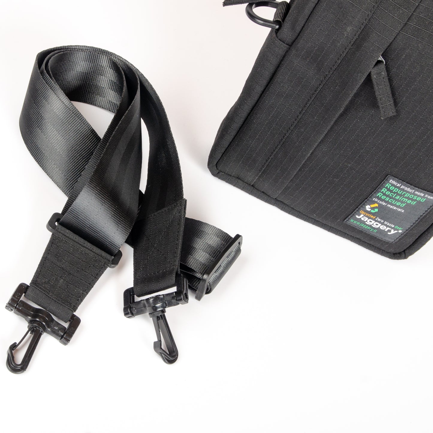 Tactical Sling Bag In Black Canvas & Black Seat Belts (Vertical)