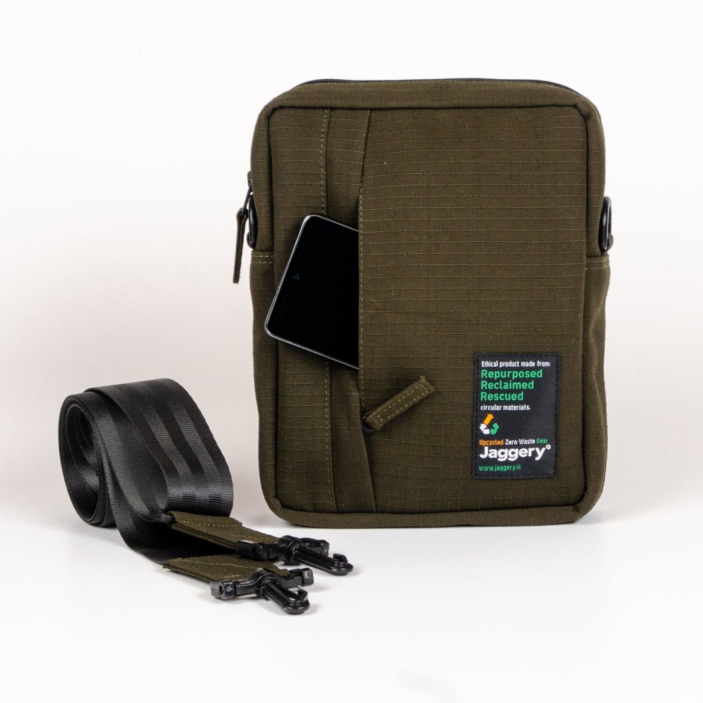 Tactical Sling Bag In Green Canvas & Black Seat Belts (Vertical)