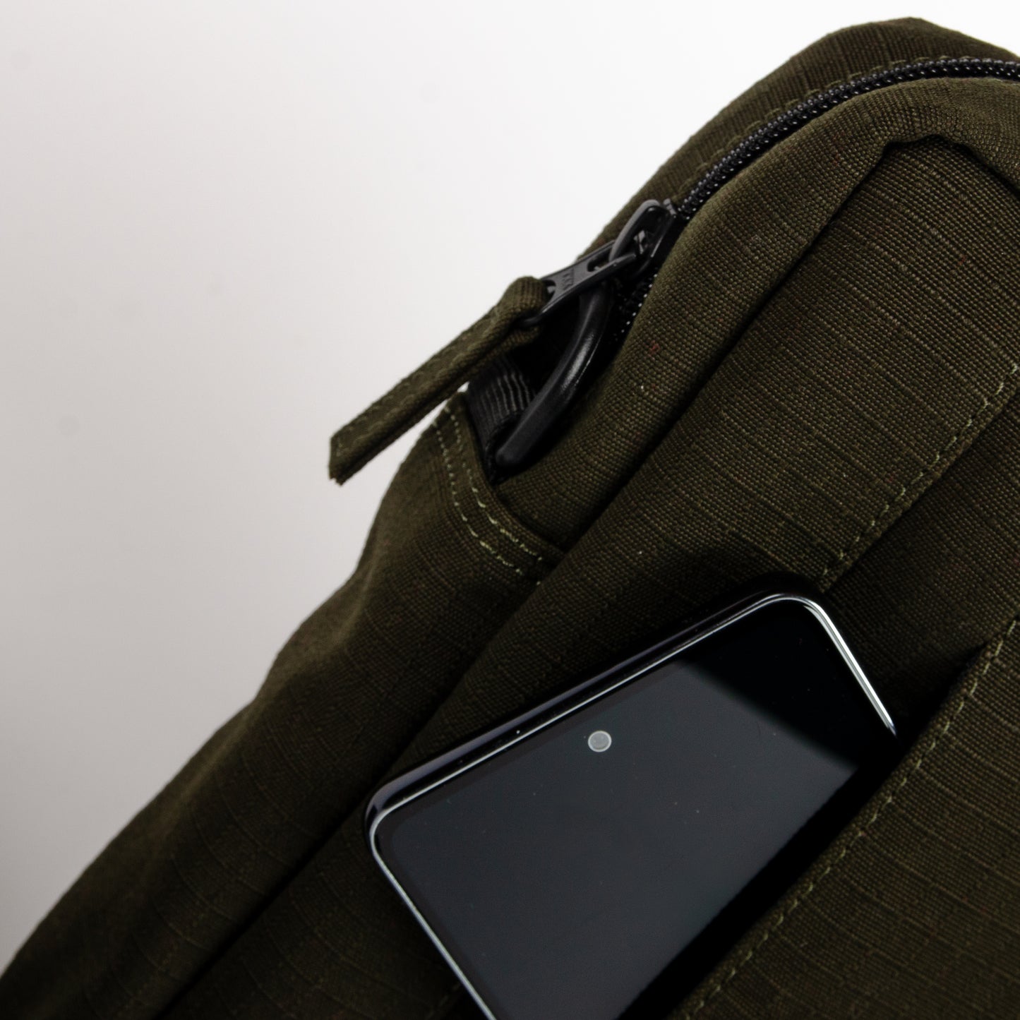 Tactical Sling Bag In Green Canvas & Black Seat Belts (Vertical)
