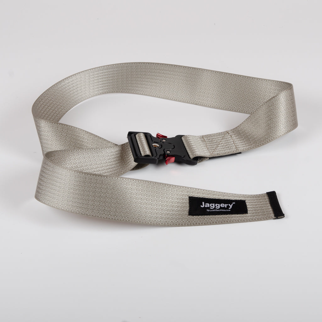 Upcycled Belt In Beige Car Seatbelt With Silver Cobra Buckle 2"