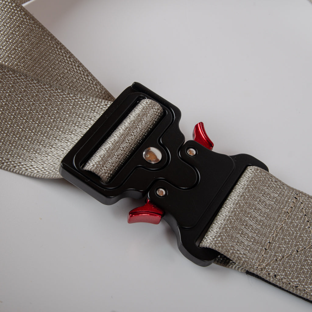 Upcycled Belt In Beige Car Seatbelt With Silver Cobra Buckle 2"