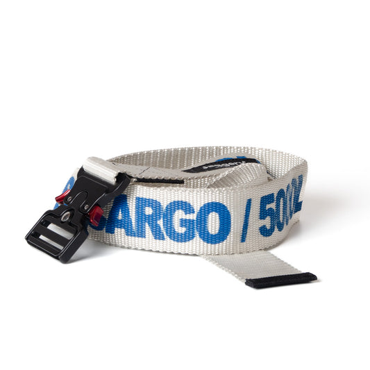 Upcycled Belt In White China Cargo Straps With Black Cobra Buckle 2"