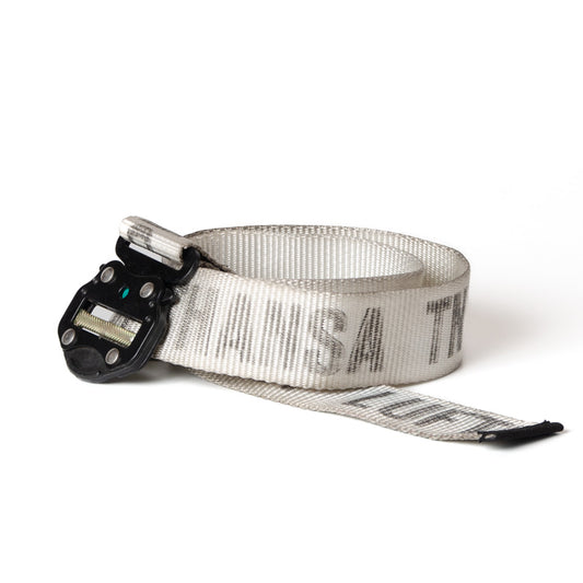 Upcycled Belt In White Luftansa Straps With Black Cobra Buckle 2"
