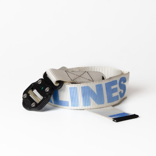 Upcycled Belt In White Mng Airlines Straps With Black Cobra Buckle 2"