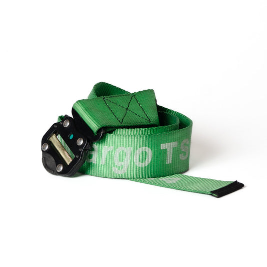Upcycled Belt In Green Eva Air Cargo Straps With Black Cobra Buckle 2"
