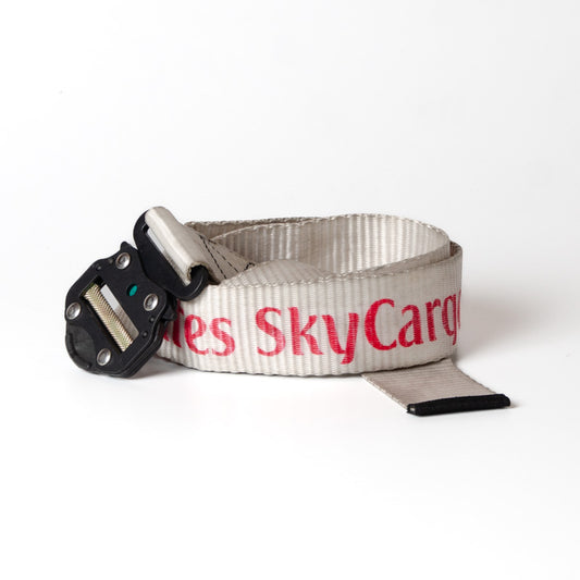Upcycled Belt In White Emirates Straps With Black Cobra Buckle 2"