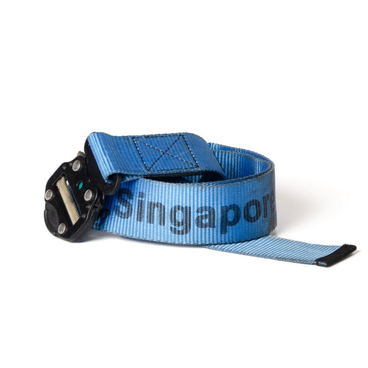 Upcycled Belt In Blue Singapore Airline Straps With Black Cobra Buckle 2"