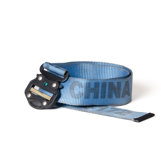 Upcycled Belt In Blue China Airline Straps With Black Cobra Buckle 2"