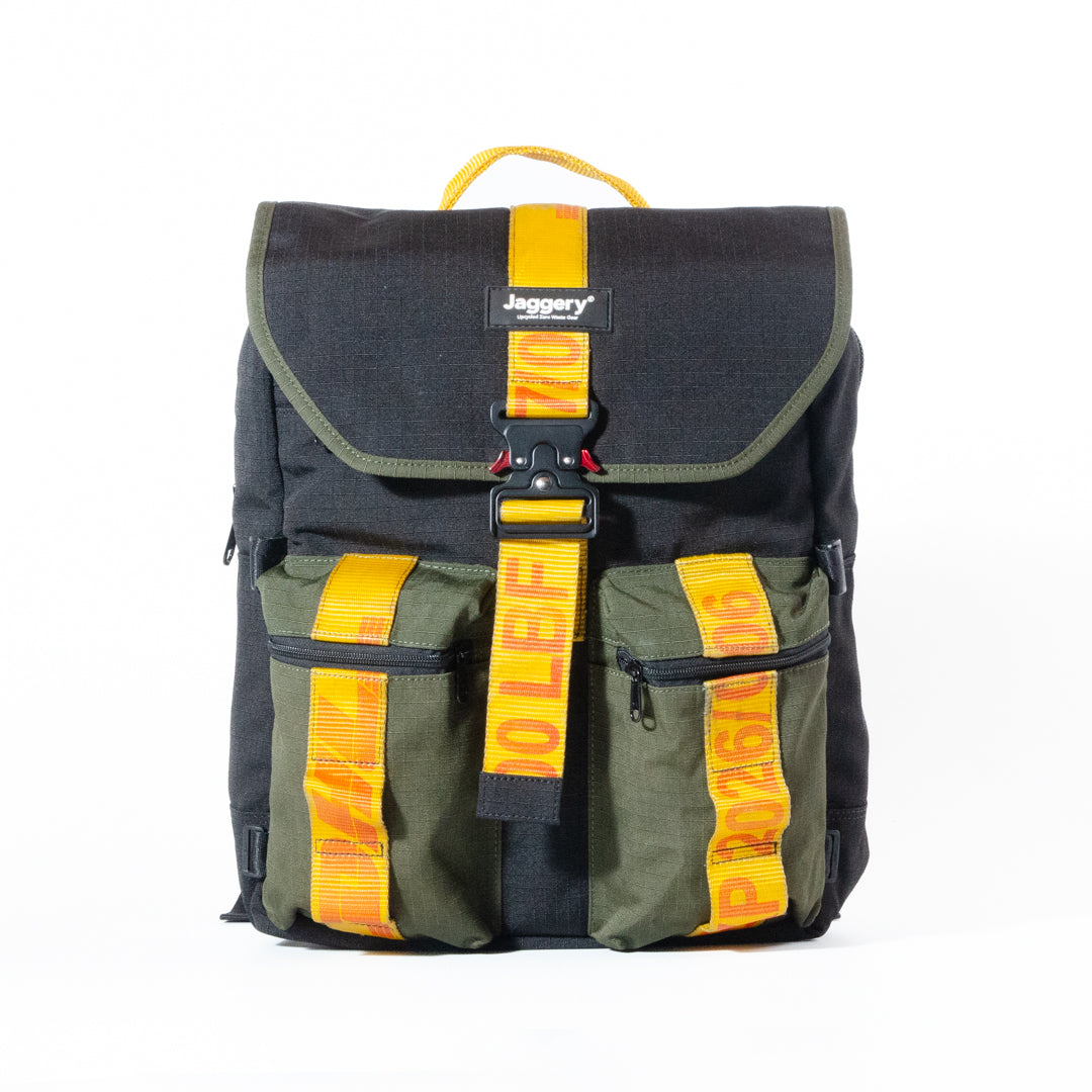 Back To School Backpack In Army Canvas & Yellow Cargo Belts With Cobra Buckle