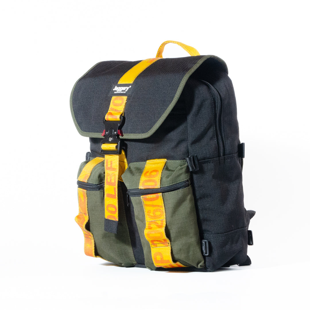 Back To School Backpack In Army Canvas & Yellow Cargo Belts With Cobra Buckle