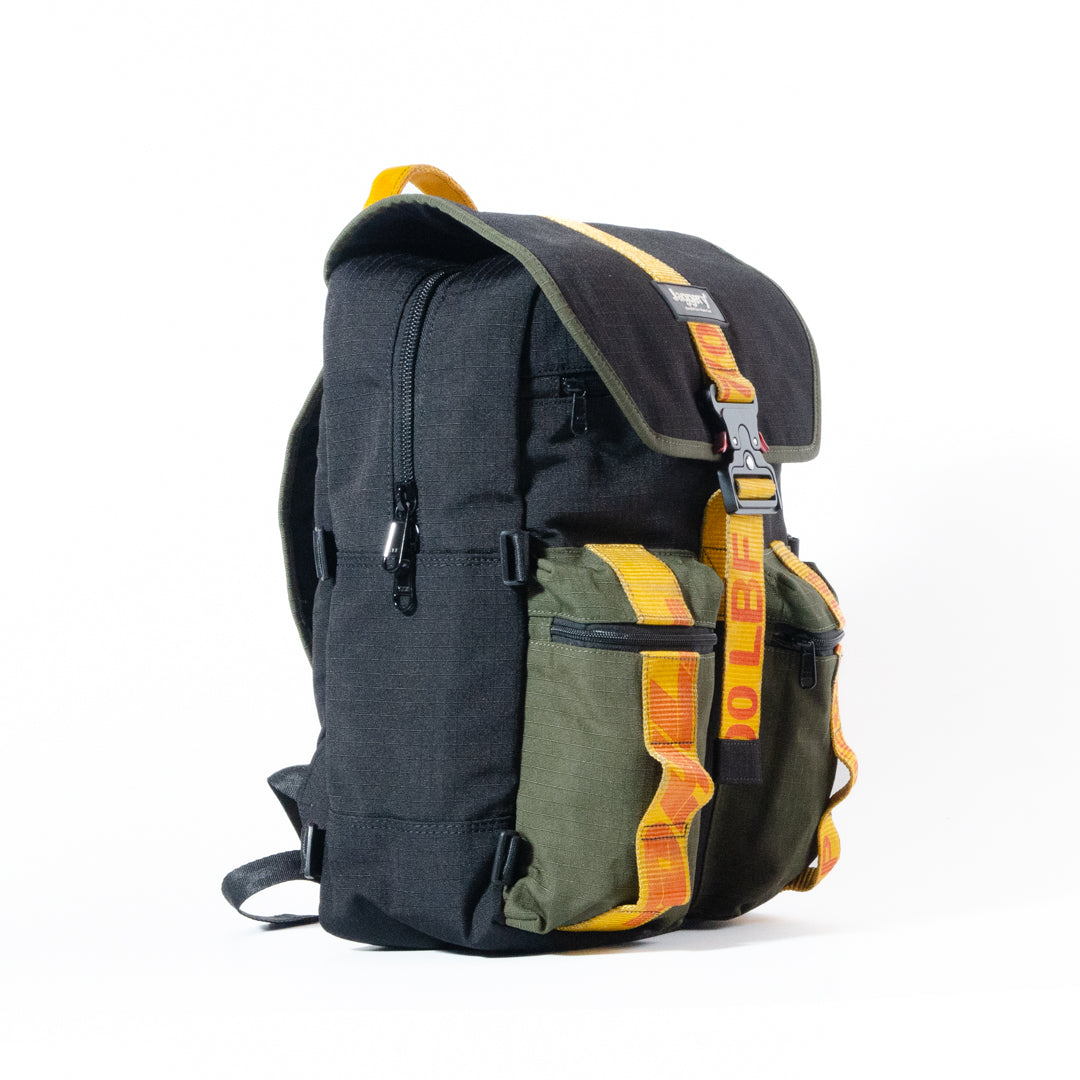 Back To School Backpack In Army Canvas & Yellow Cargo Belts With Cobra Buckle