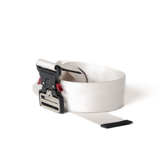 Upcycled Belt In White Car Seatbelt With Black Cobra Buckle 2"