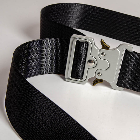 Upcycled Belt In Black Car Seatbelt With Silver Cobra Buckle 2