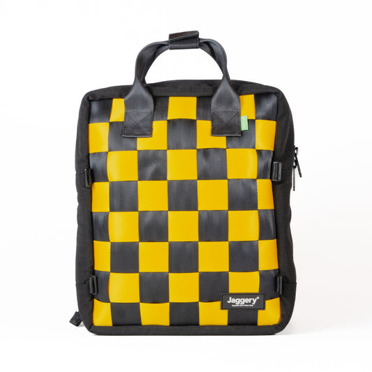Arrive Checkmate Backpack In Yellow And Black With Black Canvas
