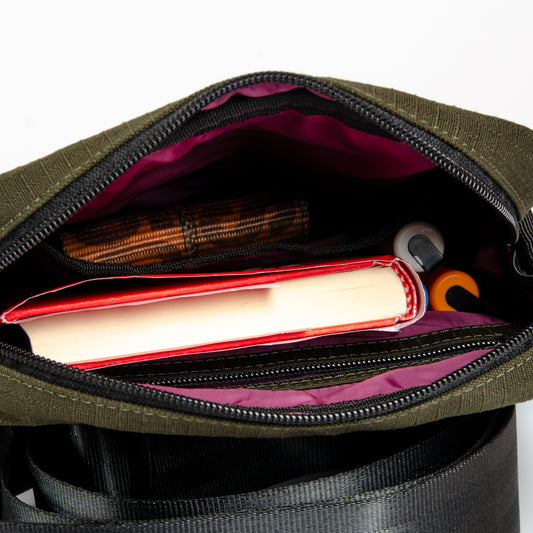 Tactical Sling Bag In Green Canvas & Black Seat Belts (Vertical)